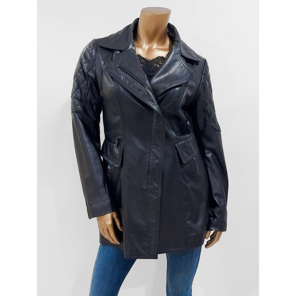 Laundry By Shelli Segal Black Zip Front Leather Trench Coat Jacket Size M - Picture 1 of 11